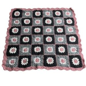 Handmade Crochet Floral Baby Blanket Grandma Squares Dusty Rose Pink Gray White